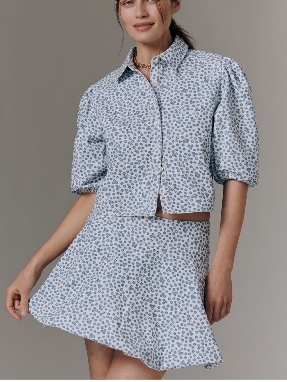 Anthropologie by MAEVE Blue and White Floral Bubble Mini Skirt and Top Set NWT